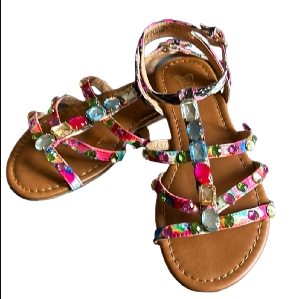 BRASH Bejeweled Pink Blue Rhinestone Vegan Reptile Strappy Flat Sandals Size 6.5